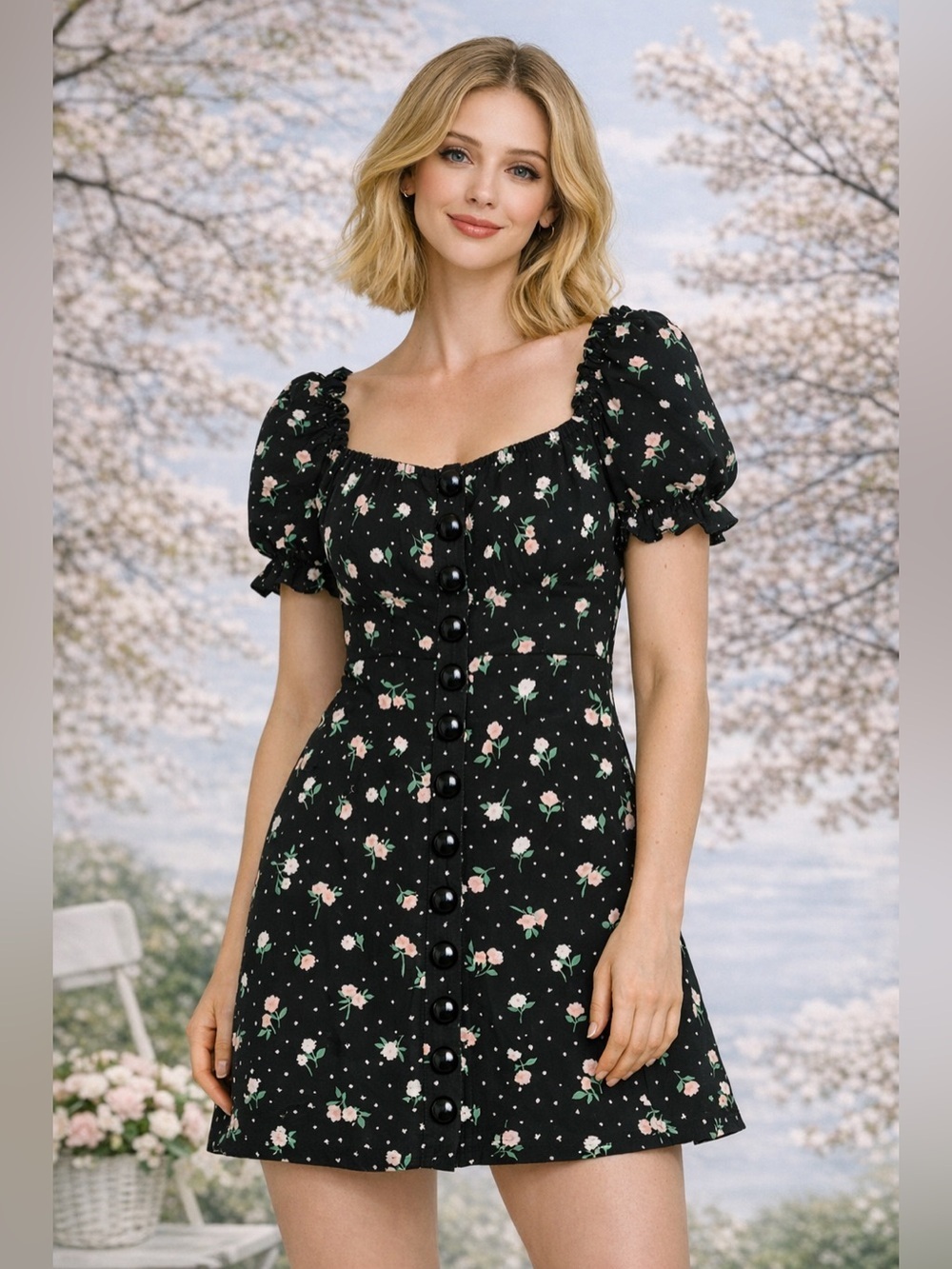 H&M Divided Black Floral Puff Sleeve Mini Dress Style